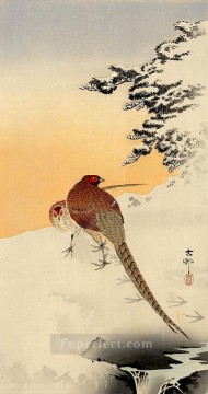 日本 Painting - 雪上の雉 大原古邨